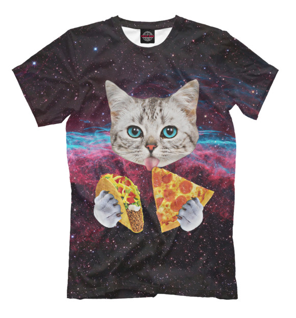 Мужская футболка с изображением Котик с Пиццей цвета Молочно-белый