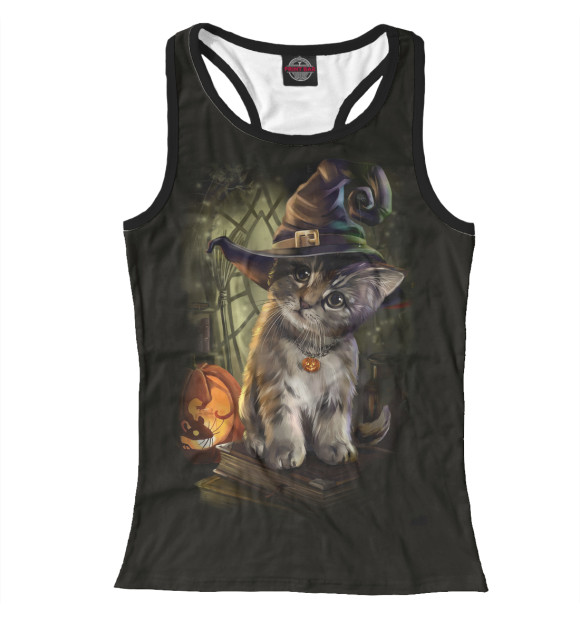 Женская майка-борцовка с изображением Ведьмин котенок цвета Белый