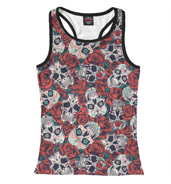 Женская майка-борцовка с изображением Черепа в Розах цвета Белый
