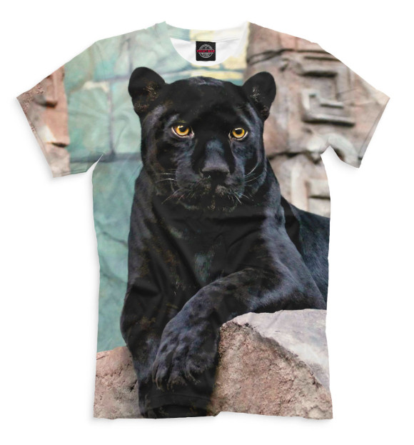 Мужская футболка с изображением Пантера на скалах цвета Черный