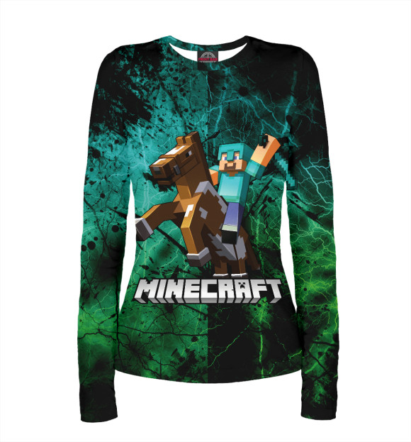 Женский лонгслив с притом МАЙНКРАФТ НА КОНЕ MINECRAFT цвета Белый Женский лонгслив с изображением МАЙНКРАФТ НА КОНЕ MINECRAFT цвета Белый