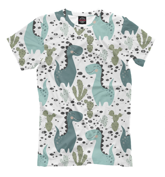 Мужская футболка с изображением Динозавры и кактусы цвета Молочно-белый