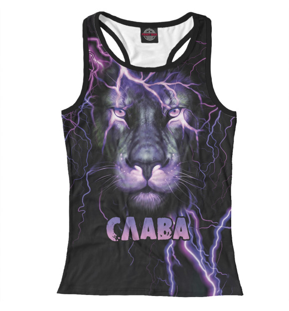 Женская майка-борцовка с изображением Неоновый лев Слава цвета Белый