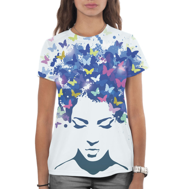Женская футболка с изображением Волосы из бабочек цвета Белый