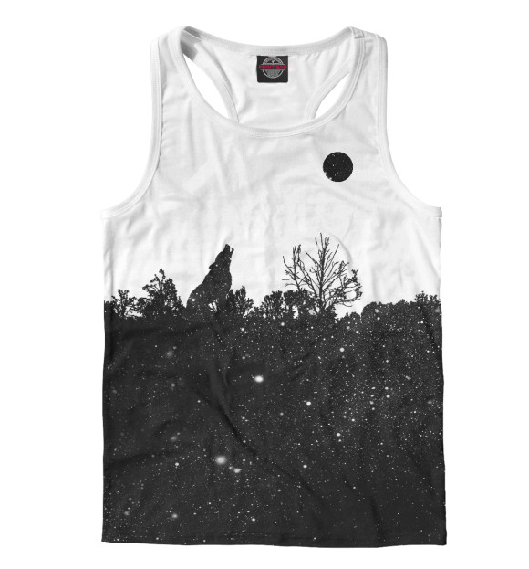 Мужская майка-борцовка с изображением Волк в звездном лесу цвета Белый