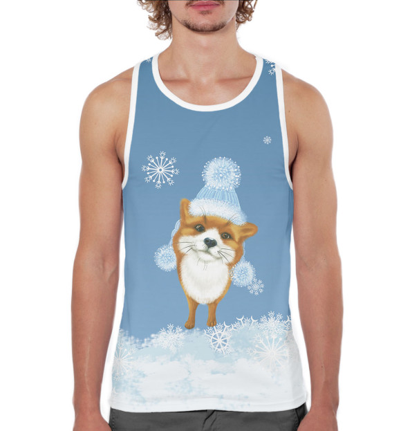 Мужская майка-борцовка с изображением Зимний лисёнок цвета Белый