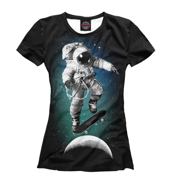 Женская футболка с изображением Космический скейтбордист цвета Белый