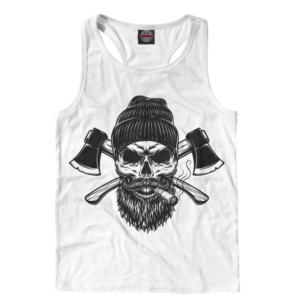 Мужская майка-борцовка с изображением Череп брутального дровосека цвета Белый