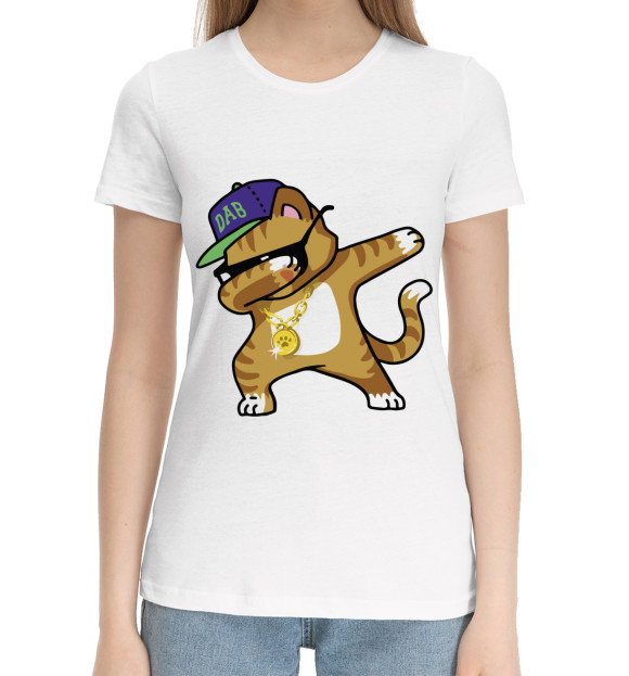 Женская хлопковая футболка с изображением Cat dab цвета Белый