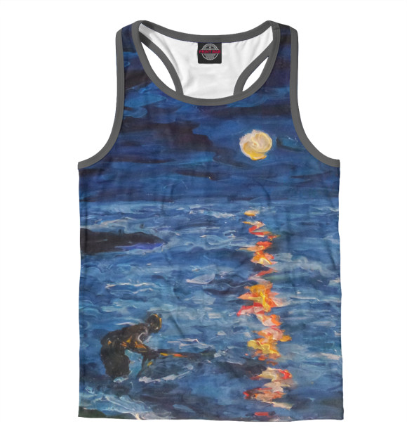 Мужская майка-борцовка с изображением Луна и море цвета Белый