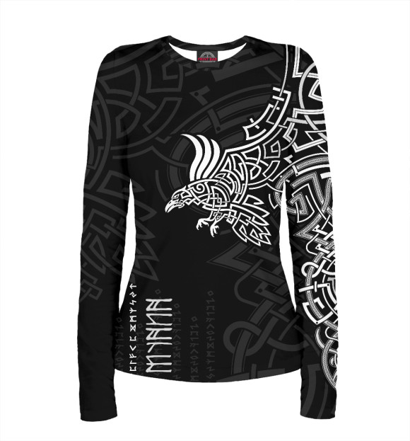 Женский лонгслив с притом Вороны Одина : Хугин и Мунин цвета Белый Женский лонгслив с изображением Вороны Одина : Хугин и Мунин цвета Белый