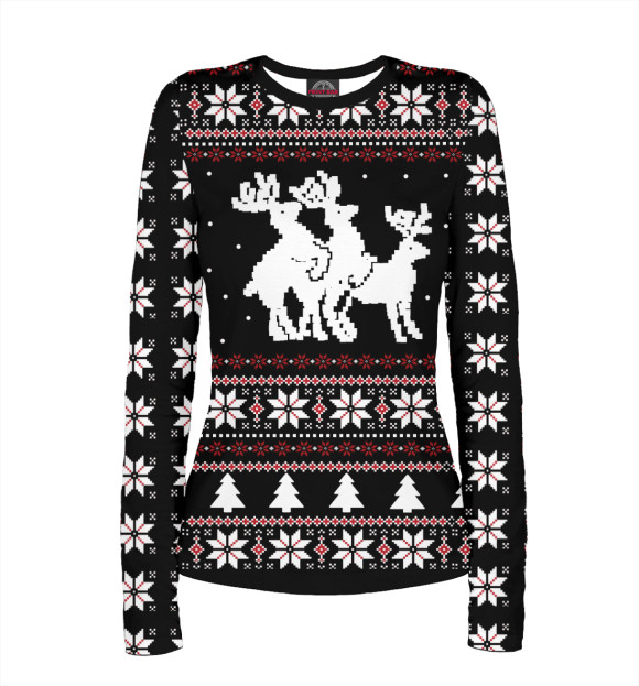 Женский лонгслив с притом Три оленя цвета Белый Женский лонгслив с изображением Три оленя цвета Белый