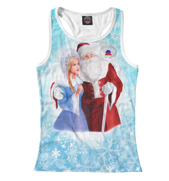 Женская майка-борцовка с изображением Русские Дед Мороз и Снегурочка цвета Белый
