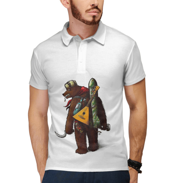 Мужское поло с изображением Грозный медведь цвета Белый