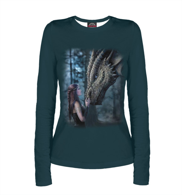 Женский лонгслив с притом Девушка и дракон цвета Белый Женский лонгслив с изображением Девушка и дракон цвета Белый