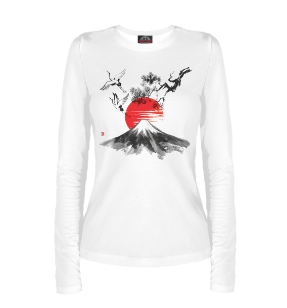 Женский лонгслив с изображением Японские журавли цвета Белый