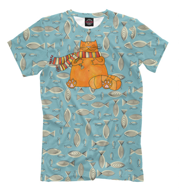 Мужская футболка с изображением Кот с рыбкой цвета Серый