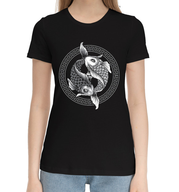 Женская хлопковая футболка с изображением Рыбный Инь Янь цвета Черный