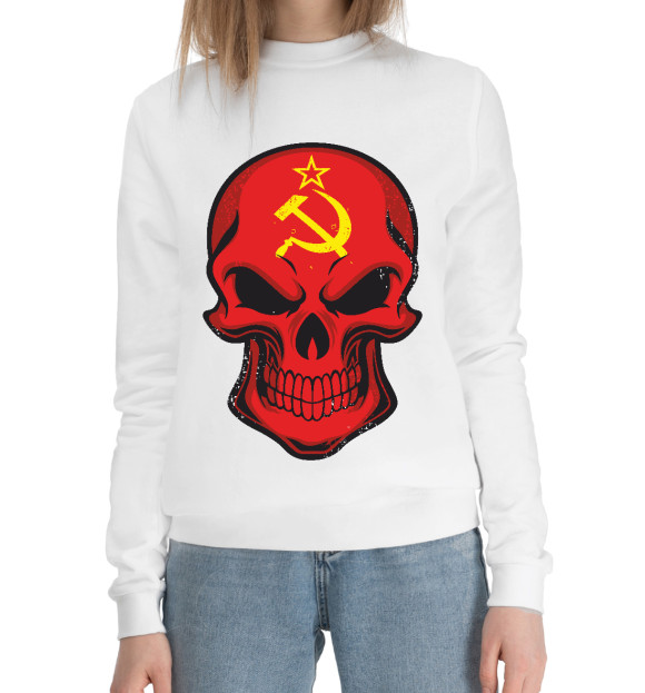 Женский хлопковый свитшот с изображением Череп - СССР цвета Белый