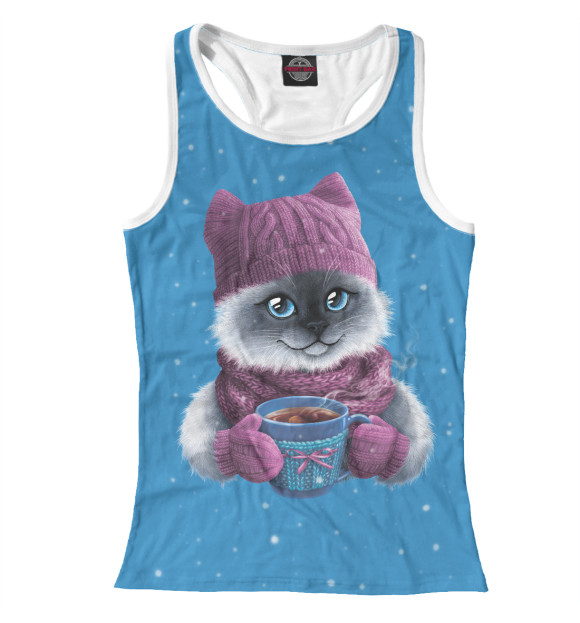 Женская майка-борцовка с изображением Кошка в шапке цвета Белый
