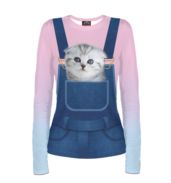 Женский лонгслив с изображением Котенок в кармане цвета Белый