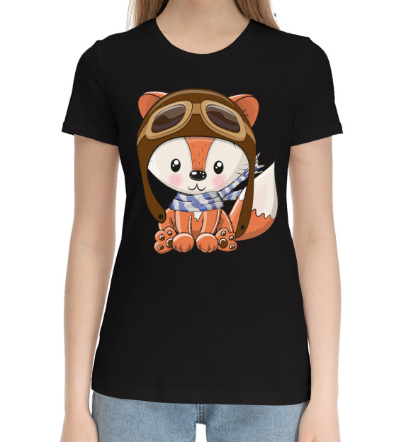 Женская хлопковая футболка с изображением Лисенок летчик цвета Черный