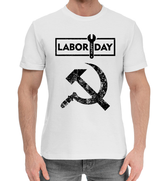 Мужская хлопковая футболка с изображением День труда цвета Белый