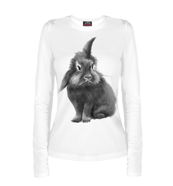 Женский лонгслив с изображением Черно-белый кролик цвета Белый