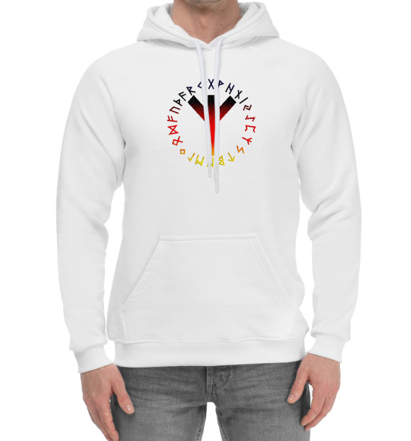 Мужской хлопковый худи с изображением Альгиз в центре рун цвета Белый