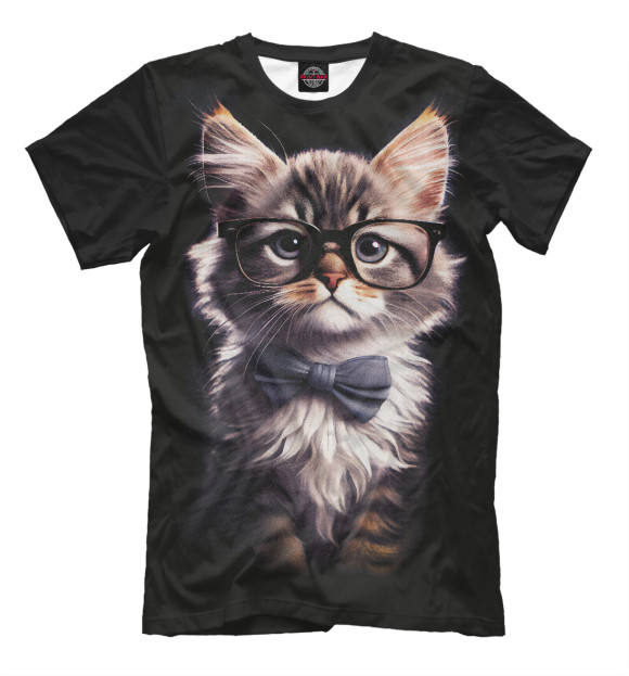 Мужская футболка с изображением Пушистый котенок в очках цвета Белый