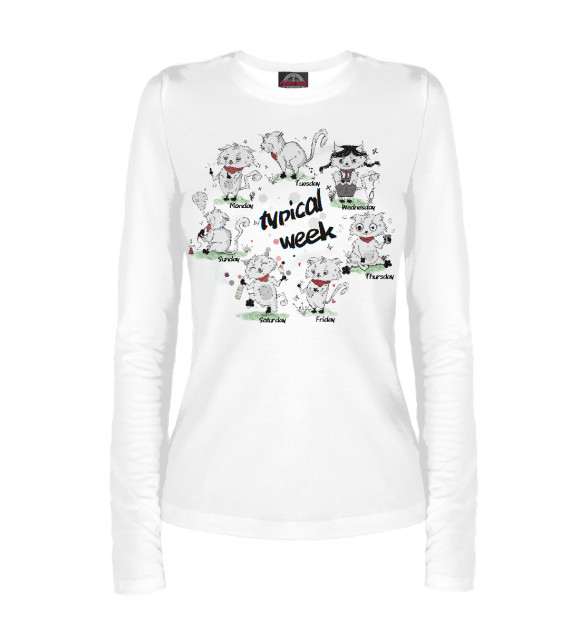 Женский лонгслив с притом Типичная неделя котов цвета Белый Женский лонгслив с изображением Типичная неделя котов цвета Белый
