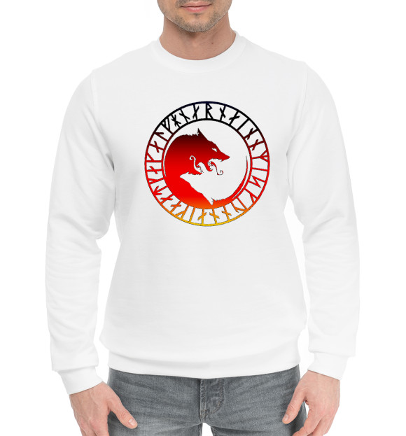 Мужской хлопковый свитшот с изображением Волк Фенрир и руны цвета Белый