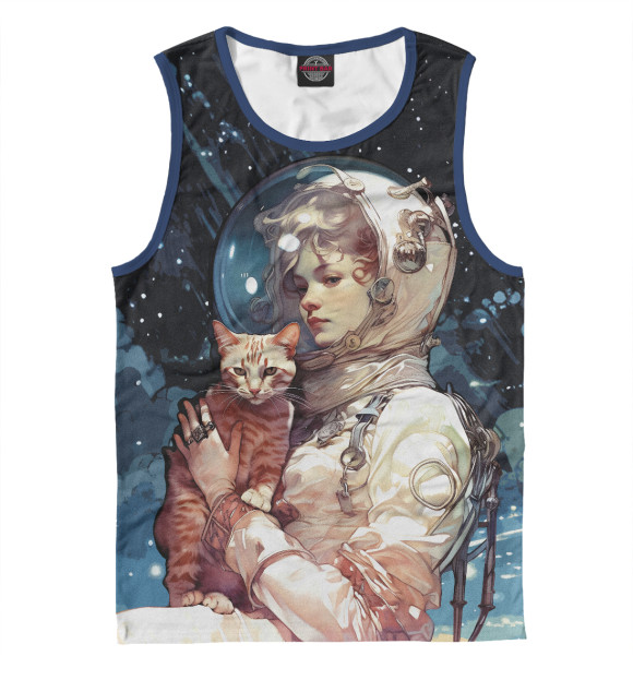 Мужская майка с изображением Девушка космонавт с рыжим котом цвета Белый