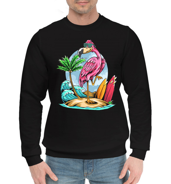 Мужской хлопковый свитшот с изображением Фламинго и остров цвета Черный