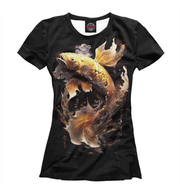 Женская футболка с изображением Рыба золотой дракон на черном фоне цвета Белый