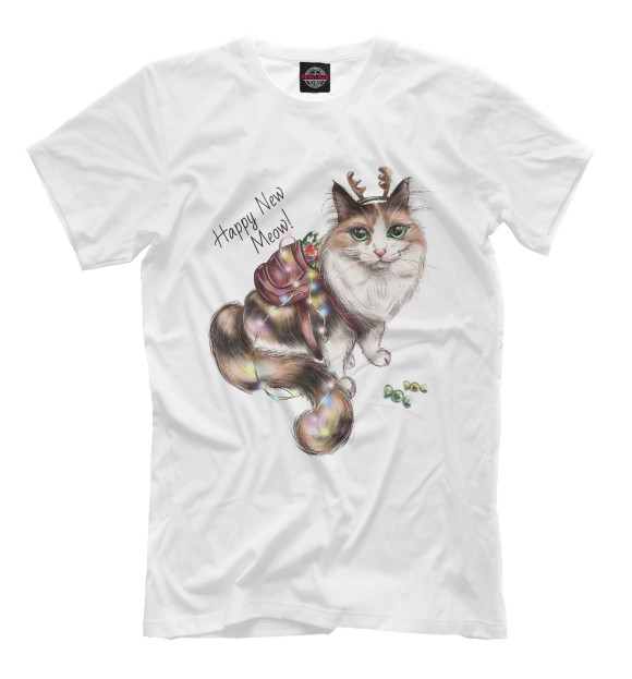 Мужская футболка с изображением Happy New Meow! цвета Белый