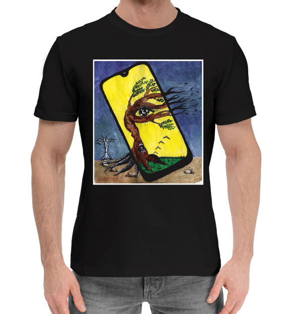 Мужская хлопковая футболка с притом Смартфон цвета Черный Мужская хлопковая футболка с изображением Смартфон цвета Черный