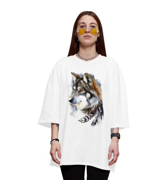 Женская футболка оверсайз с изображением Волк с пером цвета Белый