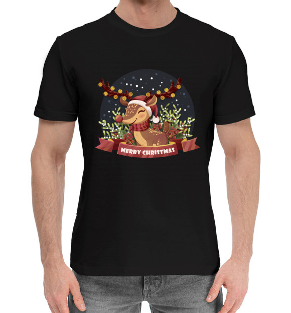 Мужская хлопковая футболка с изображением Merry Christmas цвета Черный