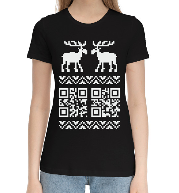 Женская хлопковая футболка с изображением QR-Deer цвета Черный