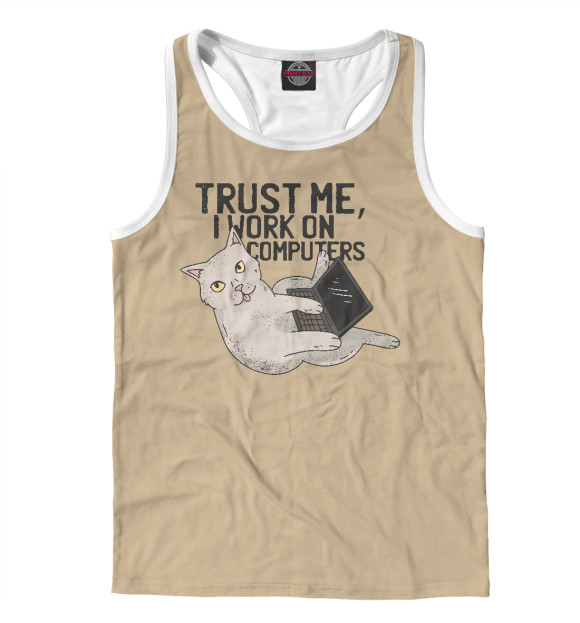 Мужская майка-борцовка с изображением Кот айтишник цвета Белый