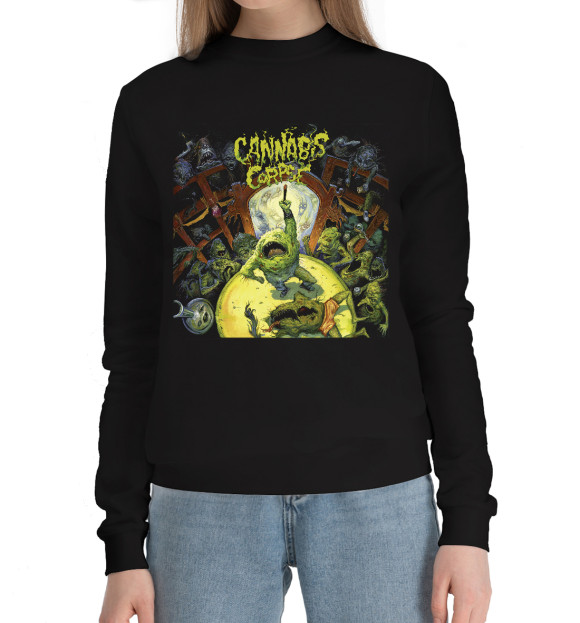 Женский хлопковый свитшот с изображением Cannabis corpse цвета Черный