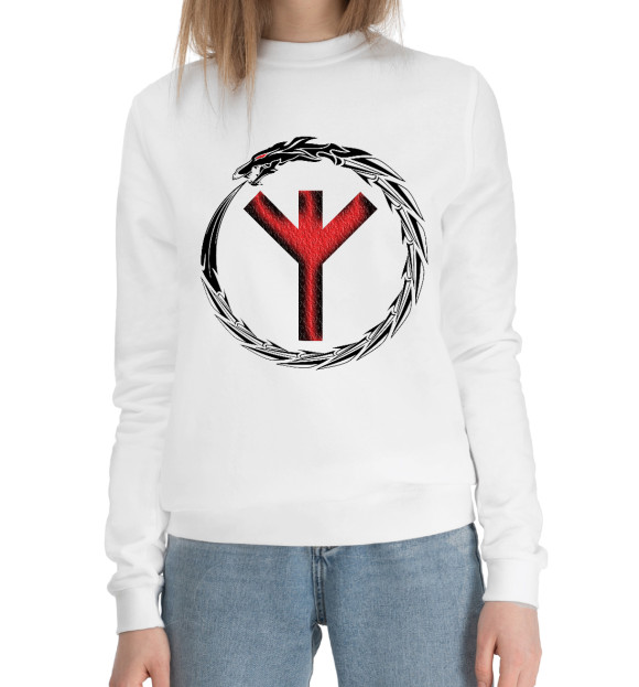 Женский хлопковый свитшот с изображением Руна Альгиз в кольце цвета Белый