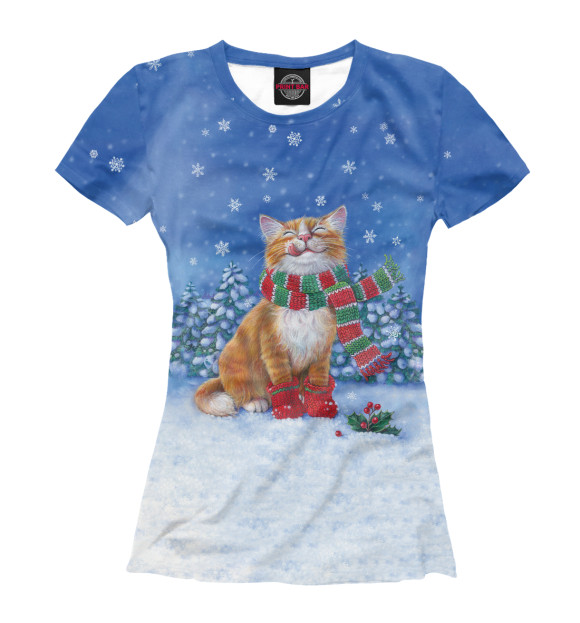 Футболка для девочек с изображением Christmas Cat цвета Белый