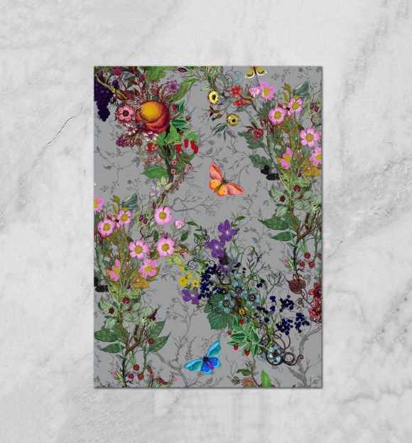 Плакат с изображением Цветы и бабочки цвета Белый