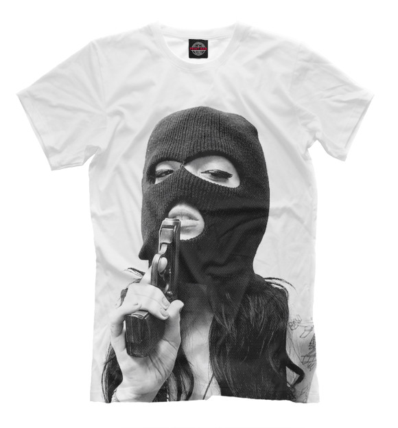 Мужская футболка с изображением Девушка с пистолетом цвета Молочно-белый