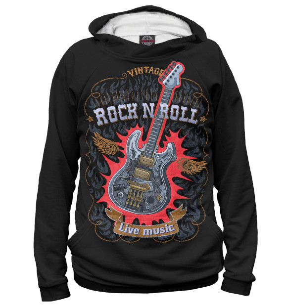 Мужское худи с изображением Гитара стимпанк с надписью  rock n roll цвета Белый