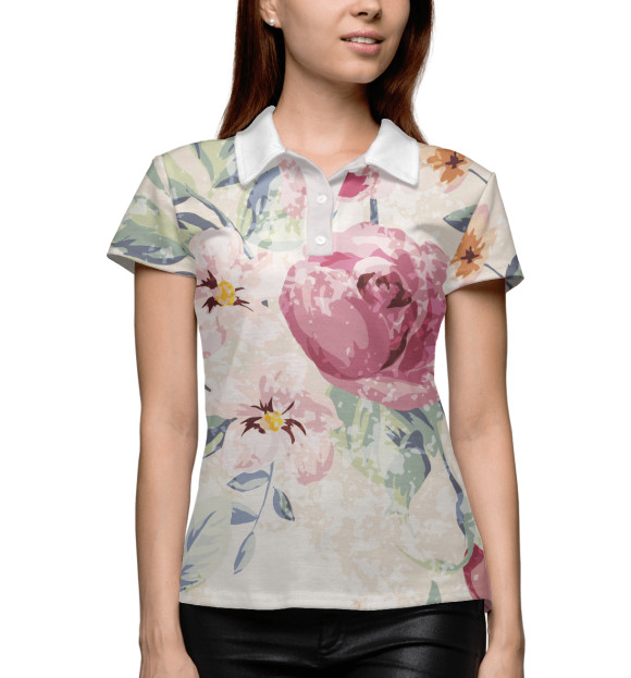 Женское поло с притом Крупные цветы цвета Белый Женское поло с изображением Крупные цветы цвета Белый