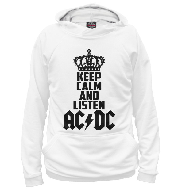 Мужское худи с изображением Keep calm and listen AC DC цвета Белый