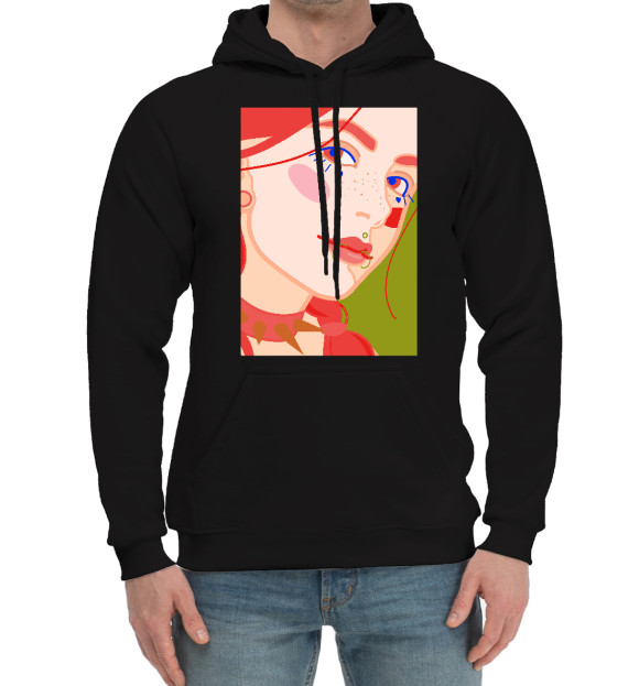 Мужской хлопковый худи с изображением Яркий женский портрет с пирсингом цвета Черный
